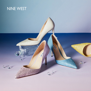 Nine West/玖熙高跟鞋女细跟春夏尖头鱼皮革优雅宴会气质女鞋