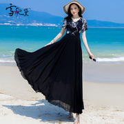 夏季黑色雪纺连衣裙女长款到脚踝海边沙滩超长气质，显瘦拼接大摆裙
