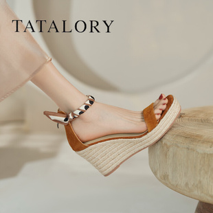 tatalory女鞋法式厚底，坡跟凉鞋女夏季2024草编，一字带高跟鞋