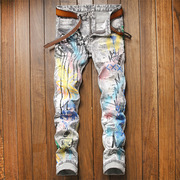 嘻哈青年潮牌泼墨水洗彩绘涂鸦抽象印花牛仔，长裤小脚修身裤男女款