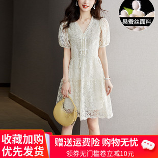 杭州大牌真丝连衣裙女装夏季气质，v领短袖，小个子桑蚕丝薄裙子