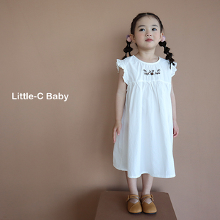 复古刺绣~韩国女童，2024春夏纯棉白色，连衣裙洋气飞袖公主裙子