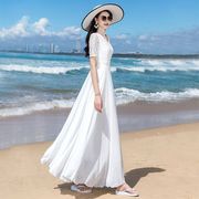 大摆裙夏中长款白色短袖蕾丝，雪纺连衣裙大码度假裙子沙滩裙