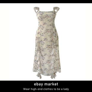 ebay洋气时尚复古花印立体花朵设计感小众艺术氛围感显瘦连衣裙子