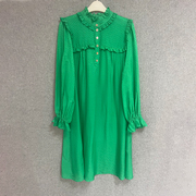 欧美时尚春夏季绿色长袖宽松法式娃娃裙缎面真丝短款连衣裙