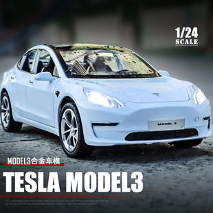 1 24特斯拉MODEL3合金车模型仿真儿童玩具汽车摆件灯光音效回力车