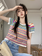 150小个子韩系复古彩虹条纹针织衫，短袖女夏季镂空圆领撞色短款t恤