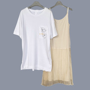 拉系列慵懒风圆领宽松中长款纯色T恤吊带裙两件装女 10023296