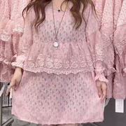 粉色蕾丝花边圆领短款连衣裙2024春季优雅甜美喇叭袖仙女裙