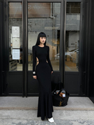 venuie黑色露背性感连衣裙圆领，镂空设计系绳时尚，气质修身收腰长裙