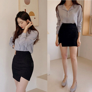 OL包裙2019新韩版高腰不规则半身裙弹力一步裙工作裙黑色职业短裙