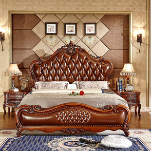 欧式皮床双人床1.8米主卧床婚床实木床床头柜，太子床卧室家具组合