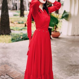 青海旅游裙子超i仙海边大红色，连衣裙长裙服装，沙漠拍照衣服民族风