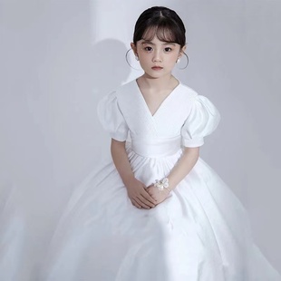 女童礼服儿童花童白色连衣裙，缎面公主裙红色演出服钢琴小提琴表演