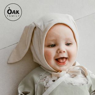 oakfamily新生婴儿兔耳胎帽春秋季初生，宝宝纯棉囟门帽儿童帽子