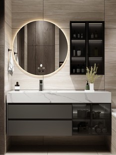 轻奢岩板浴室柜组合无缝陶瓷简约实木玻璃门卫生间洗漱台洗脸盆柜