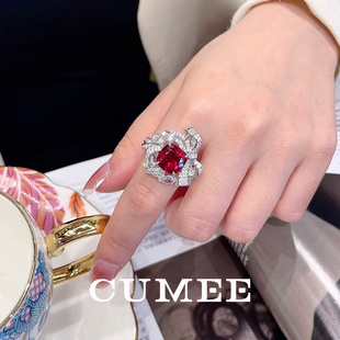 CUMEE.时尚个性设计款花束培育合成红宝石戒指.925银镀金
