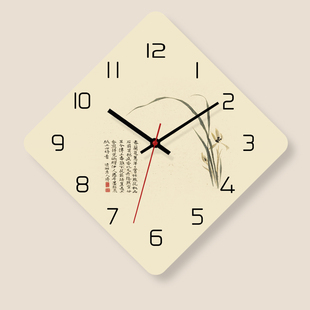 兰花新中式钟表挂钟客厅家用超静音，免打孔创意，挂墙时钟挂表石英钟
