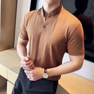 新中式无痕立领polo衫男短袖夏季薄款高级感垂感高弹力修身V领t恤