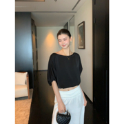 pusumede赴约日记缎面斜肩衬衫女设计感花苞袖小衫气质露肩上衣