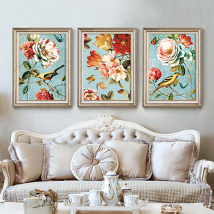 印花dmc十字绣套件客厅，美式沙发背景墙三联画复古花卉