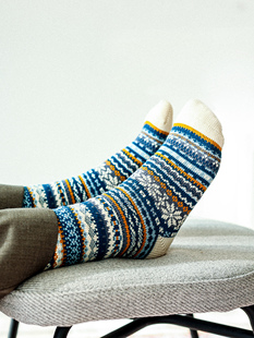 Beeff男女 冬季雪花民族风袜子保暖 棉 针织粗线中筒长袜无骨加厚