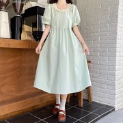 圆领绿色连衣裙少女夏装2024初中高中学生初恋气质温柔长裙子