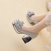 小个子礼服高跟鞋女粗跟银色水晶，伴娘主婚鞋法式蝴蝶结防水台单鞋