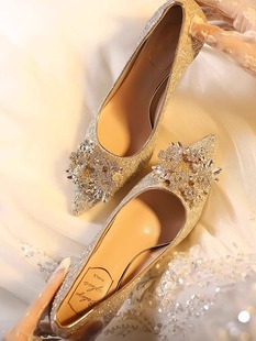 法式婚鞋女2024禾秀主婚纱，两穿不累脚，水晶香槟色秋冬季高跟鞋