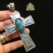 美国印第安纳瓦霍部落天然美松大十字架纯银标复古收藏吊坠男女款