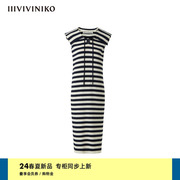 IIIVIVINIKO2024夏季复古海军领条纹针织连衣裙女R421104651C