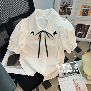 夏季白衬衫女设计感小众甜美可爱娃娃领衬衣短袖雪纺上衣
