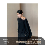 束皙chao设计感小众蝙蝠袖长袖T恤宽松露肩洋气斜肩V领廓形上衣女