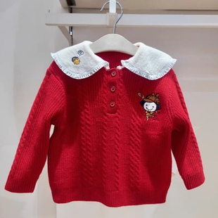 韩国童装冬女童宝宝可爱甜美红色大翻领，套头毛衣针织衫外套