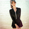 韩国泳装女士长袖防晒裙式bikini2019温泉游泳衣高腰一件代发