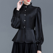 黑色衬衫女长袖2023秋季灯笼袖，缎面上衣收腰显瘦荷叶摆衬衣春