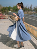 2021夏季温柔风短袖衬衫裙蓝色拼接连衣裙女法式雪纺气质长裙