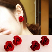 韩国气质时尚立体玫瑰花耳环酒红色大红色新娘花朵耳钉女耳