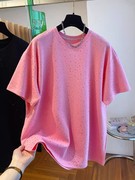 夏季重工烫钻粉色t恤女短袖2024欧货宽松大版亮闪闪满钻圆领上衣