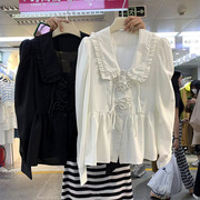韩国东大门春季时尚气质，甜美宽松白色，娃娃领长袖衬衫女装