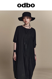 odbo欧迪比欧原创设计压褶拼接短袖，黑色连衣裙女夏季2023年