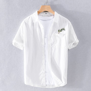 夏季白色男装休闲衬衣时尚刺绣文艺清新流行舒适男士棉衬衫