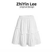 ZhiYin 蛋糕裙白色短裙半身裙女24夏季A字格子肌理蓬蓬裙半裙