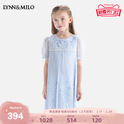 lynnmilo琳麦罗女童连衣裙，2024夏季清新甜美蓝色，真丝印花儿童裙子