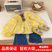 韩系童装2023春装女童泡泡袖，黄色碎花衬衫，儿童小香风上衣22053