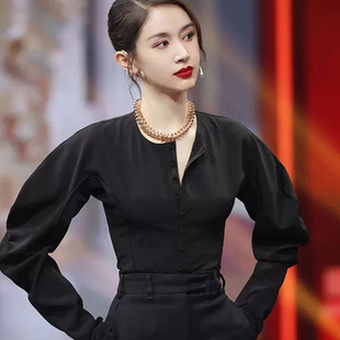 王子文明星同款衣服春秋季法式黑色泡泡袖长袖衬衫女韩版衬衣女装