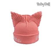 rubydoll甜美可爱套头帽圆顶秋冬季猫耳朵毛线帽针织帽做旧印花暖