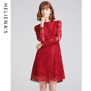 海兰丝春季中式旗袍，改良版蕾丝连衣裙，复古长袖红色小礼服女