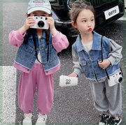 女童春秋套装2024网红洋气女宝宝春秋牛仔外套时髦运动两件韩