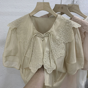 V领盘扣刺绣蕾丝娃娃领短袖雪纺衫女新中式夏装甜美漂亮小衫衬衫